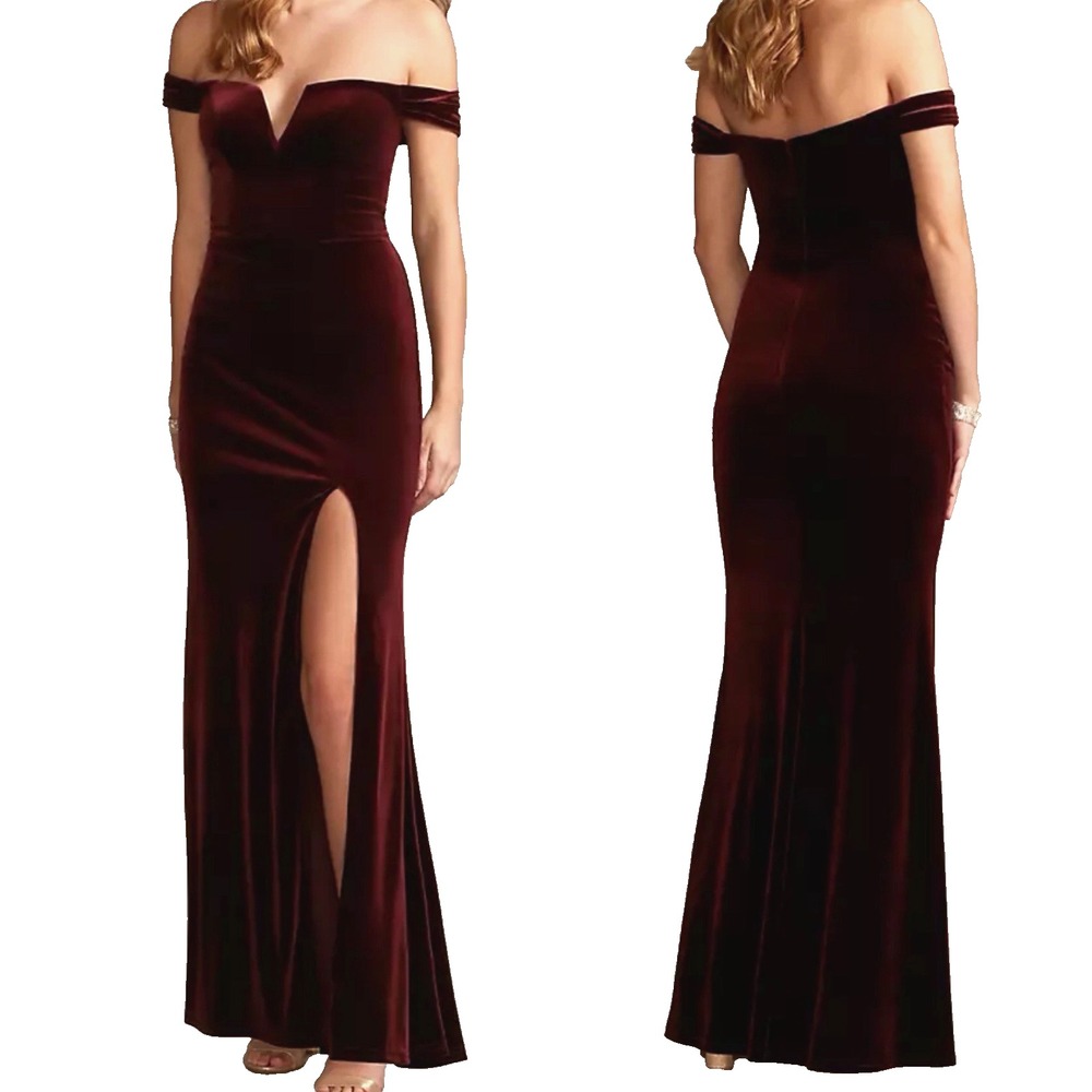 DB Studio Burgundy Velvet Long Dress 2 Off Shoulder Maxi Leg Slit New Whimsigoth